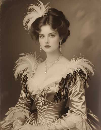 This image depicts a Victorian-era woman, likely from the 1800s, dressed in an elaborate gown. The dress features a deep neckline adorned with intricate lace and feathers, and it cinches tightly at the waist. The woman's hair is styled in a bun, with a prominent feather accentuating the side. She wears long, dangling earrings and a multi-strand pearl necklace. Her expression is neutral, and she gazes directly at the camera. The photograph has a sepia tone, giving it a vintage appearance, although it may be an AI-generated image designed to mimic the style of that era.