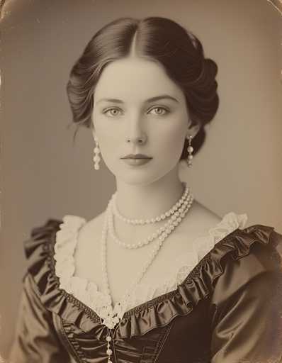 This image is a detailed, black-and-white photograph of a woman, likely from the 1800s, with a slight sepia tone. She has fair skin and dark hair styled in an updo, with a few wisps framing her face. Her expression is neutral, and she gazes directly at the camera. She wears long, dangling earrings and multiple strands of pearls—two shorter strands around her neck and a longer one hanging down her chest. Her attire is a dark, possibly black or brown, dress with a lacy collar and puffy sleeves. The dress appears to have a corset-like structure, with a lacy section at the top and a buttoned-up front. The background is a plain gray, and the photograph is cropped at her chest, showing her from the shoulders up.