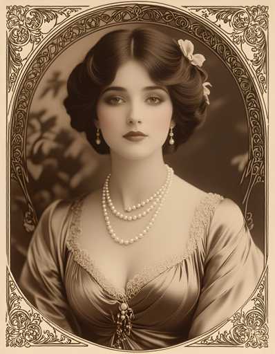 The image is an antique portrait featuring a woman with long dark hair and a pearl necklace. She has her hair styled in an updo and wears a corset that accentuates her figure. The background of the portrait is black and white, which adds to the vintage feel of the image.