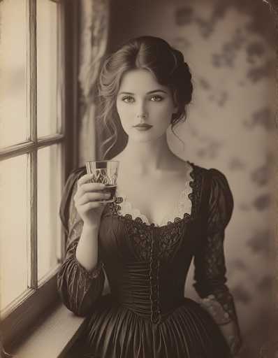 A captivating black and white photograph features a young woman, likely in her early 20s, dressed in an elegant Victorian-style gown. The dress is adorned with intricate lace detailing around the neckline and sleeves, and it cinches at the waist with a corset-like lacing. The gown's voluminous skirt is complemented by puffy sleeves that taper down to her wrists. She holds a small glass of what appears to be whiskey or brandy in her right hand, while her left hand rests on the windowsill beside her. Her dark hair is styled in an updo, with a few loose strands framing her face. The woman gazes directly at the camera with a neutral expression, her lips closed. The background is softly blurred, revealing a white wall with a floral pattern and a curtain hanging to the left of the window. The overall composition exudes a timeless, vintage charm.