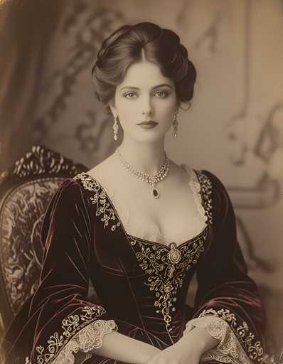 A woman is seated on a chair with her hands resting on her lap and wearing an elegant Victorian-era dress with a corset, lace collar, and petticoat. She has long dark hair styled in an updo and is wearing a necklace and earrings. The image is in black and white and features ornate patterns and designs throughout the background.