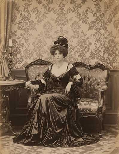 A sepia-toned photograph captures a woman seated in an ornate, antique chair, exuding an air of elegance and nostalgia. The chair, with its dark wooden frame and cushioned upholstery adorned with a floral pattern, complements the intricate decor of the room. The woman, dressed in a long, flowing gown with a deep neckline and long sleeves, sits gracefully with her right arm resting on the armrest and her left arm draped over the back of the chair. Her hair is styled in an elaborate updo, adorned with a decorative headpiece, and she wears long earrings and a necklace that adds to her refined appearance. The room features a patterned carpet and wallpaper with a floral design, enhancing the vintage ambiance. To her right, a round table with ornate legs holds a candlestick, while a curtain hangs in the background, completing the scene of timeless beauty.