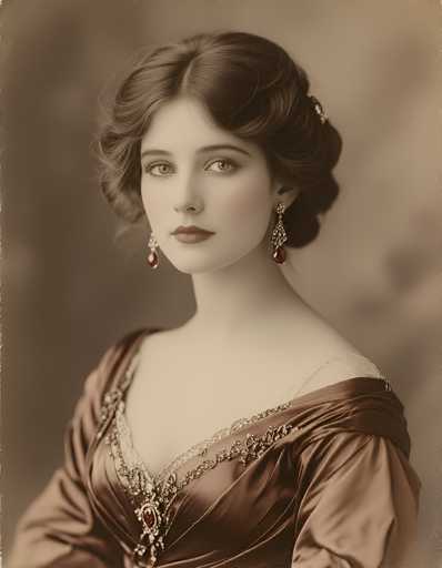 This image features a young woman, likely in her early 20s, with a strikingly beautiful appearance. She has fair skin and dark brown hair styled in an elegant updo, adorned with a barrette on the right side. Her makeup is meticulously applied, with dark lipstick and eye shadow that accentuate her features. She wears dangling earrings that are silver with red jewels, adding a touch of glamour to her look.

Her attire is a luxurious brown dress, possibly made of velvet, with intricate silver beading and jewels that create a V-neck design. The dress is form-fitting, highlighting her slender figure, and features a single shoulder strap on her right shoulder, while her left shoulder remains bare. The background is a muted brown, which complements the overall color scheme of the image. The photograph appears to be a black and white portrait with selective color added, giving it a timeless and sophisticated feel.