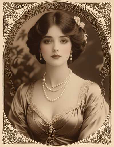 This image features a meticulously detailed portrait of a woman, likely from the 1920s, rendered in a sepia tone that imparts a vintage aesthetic. The portrait is framed within an ornate oval border, adorned with intricate floral and vine patterns, enhancing its classic appeal. The woman, who appears to be in her early 20s, has dark brown hair styled in an elegant updo with soft curls framing her face. A delicate white flower is tucked into her hair on the left side, adding a touch of natural beauty.

Her makeup is subtle yet striking, with a hint of blush on her cheeks and a light lipstick that complements her fair complexion. She wears a double strand of pearls around her neck, exuding timeless elegance. Her attire consists of a luxurious, silky dress with a deep V-neckline, intricately designed with lace trim. The dress features long sleeves and a central clasp adorned with pearls, adding to the overall opulence of her ensemble. The background of the portrait is a muted brown, ensuring that the focus remains on the woman's graceful and poised presence.
