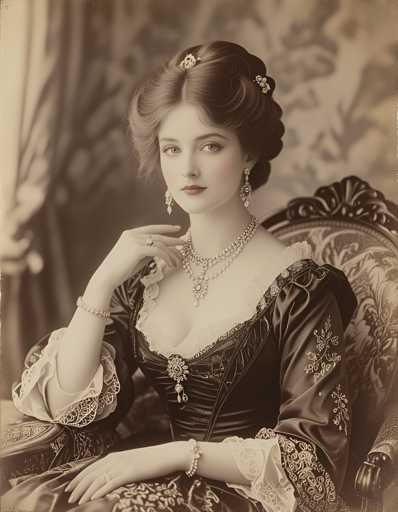A woman is seated on a chair with her hands resting on her lap and wearing a black dress adorned with gold accents. She has a pearl necklace around her neck and earrings that complement the design of her dress. The background features a floral patterned curtain, adding an elegant touch to the scene.