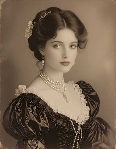 This image depicts a young woman, likely in her late teens or early twenties, dressed in an elaborate Victorian-style outfit. The photograph has a sepia tone, giving it a vintage appearance. She is adorned with a multi-strand pearl necklace, featuring a prominent pendant, and matching pearl earrings. Her dark hair is styled in an intricate updo, secured with a white ribbon, and she wears a headpiece that complements her elegant look. The woman's dress is black with puffy sleeves and intricate lace detailing around the neckline and chest. She has a serious expression, gazing slightly to the right of the camera. The background is a plain gray, which accentuates the detailed and ornate elements of her attire.