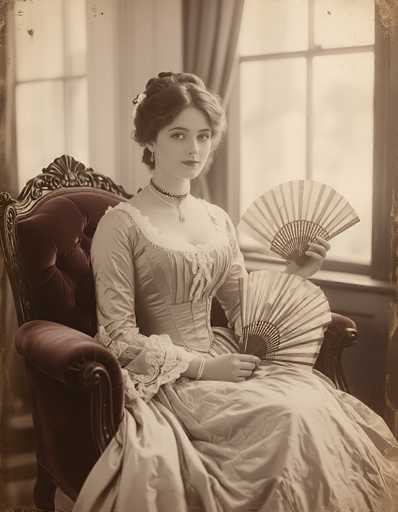A vintage-style portrait of a woman in a 19th-century gown, seated in an ornate armchair. The image is sepia-toned with a slightly aged texture, giving it a nostalgic feel. She's wearing a light-colored satin gown with lace detailing on the bodice and sleeves, paired with a delicate pearl necklace. Her hair is styled in an elaborate updo, adorned with a small floral accessory. She holds a large, intricately patterned fan in her hands, looking directly at the viewer with a serene expression. The background features a window with soft light filtering in, and the overall composition evokes a sense of elegance and historical charm.