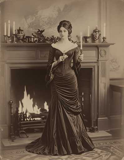 A vintage black-and-white photograph captures a woman standing in front of a fireplace, exuding an air of elegance and poise. She is dressed in a long, flowing gown that appears to be made of velvet, with a deep neckline and long sleeves that reach her wrists. The dress features a ruffled hem that cascades gracefully to the floor. Her dark hair is styled in an intricate updo, and she wears large hoop earrings that add a touch of glamour to her ensemble. In her left hand, she holds a candlestick, while her right hand grasps a small, indistinguishable object. The fireplace behind her is alight with a roaring fire, its flames casting a warm glow. Atop the mantel, several candles are arranged alongside various decorative items, including what appear to be candle holders and possibly a small lamp. The wall behind the mantel is adorned with a painting, adding to the room's refined ambiance. The woman gazes off to the left, her expression serene and composed, embodying the timeless beauty of a bygone era.