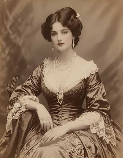 This image depicts a vintage photograph of a woman, likely from the 1800s, seated in a chair. She is adorned in an elegant, old-fashioned dress that appears to be made of a satin-like material, featuring a deep neckline and long sleeves. The dress is embellished with intricate lace details around the neckline, shoulders, and cuffs. The woman's hair is styled in an elaborate updo, with curls framing her face and a decorative clip or barrette securing it in place. She wears multiple strands of pearls around her neck, complemented by long, dangling earrings. Her makeup is subtle yet striking, with a hint of blush on her cheeks and lipstick on her lips. The photograph has a sepia tone, giving it a warm, vintage feel. The woman's expression is serene, and she gazes directly at the camera, exuding an air of grace and poise.