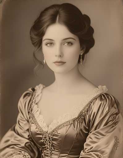 This image features a detailed portrait of a woman, likely from the 1800s, set against a gray background. The woman has dark brown hair styled in an elegant updo, with a few loose curls framing her face. She is adorned with long, dangling earrings that add to her refined appearance. Her attire is a striking dress made of a shiny, satin-like material, possibly gold or bronze in color. The dress is intricately designed with a deep V-neck adorned with lace and gold embellishments, and it features puffy sleeves that taper down to her elbows. The overall composition of the image, with its muted tones and intricate details, gives it a timeless, almost painting-like quality.