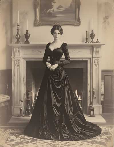 A woman stands in front of a fireplace with candles on either side and a painting above the mantel. She is wearing a long black dress with a corset and a parasol over her shoulder.