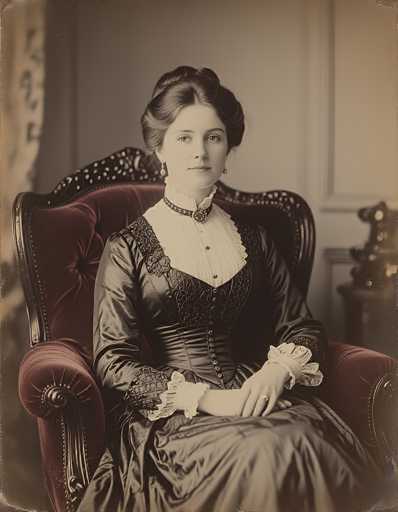 This vintage photograph, likely from the 1800s, features a young woman seated in an ornate, high-backed velvet chair with a wooden frame. The image has a sepia tone, giving it a brownish hue. The woman, who appears to be in her 20s, has dark brown hair styled in an updo with a middle part. She wears a black choker adorned with a large central jewel and a white ruffled blouse underneath a long-sleeved black dress. The dress is buttoned up to her neck and features intricate lace detailing around the chest and sleeves, which are puffy and white at the ends. She accessorizes with a ring on her left hand and earrings. The background is blurred, showing a white wall and a small table with a statue to her right. The overall composition and her attire suggest a formal portrait, possibly for a magazine or book.