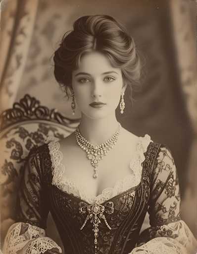 This sepia-toned photograph, likely from the 1800s, features a young woman in her early 20s. She is seated in an ornate chair with a floral pattern, her body facing the camera while her gaze is directed slightly to the left. Her dark hair is styled in an elaborate updo, with curls cascading down the sides of her face. She wears long, dangling earrings and a multi-layered pearl necklace, with the central strand adorned by a large teardrop-shaped pearl. Her dress is a dark, lacy gown with intricate floral patterns, featuring a lace collar and sleeves that extend to her elbows. The background is blurred, revealing what appears to be a curtain, adding to the vintage ambiance of the image.