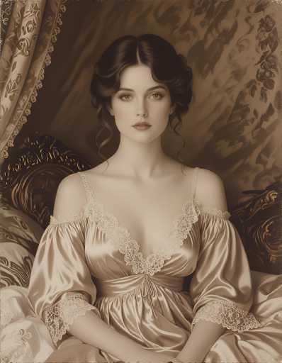 This image portrays a young woman, likely in her early 20s, with fair skin and dark brown hair styled in an elegant updo. She has striking green eyes and is adorned with subtle makeup, including light pink lipstick. She is dressed in a luxurious, silky nightgown that features a deep V-neckline and delicate lace detailing around the neckline and sleeves. The gown, which appears to be a light pink or peach color, complements her fair complexion beautifully. She is seated on an ornate, gold-colored bed with a high headboard, and the background includes a floral-patterned wall and curtains, adding to the overall sense of opulence. The woman's expression is serious, and she gazes directly at the viewer, creating a captivating and somewhat mysterious atmosphere.