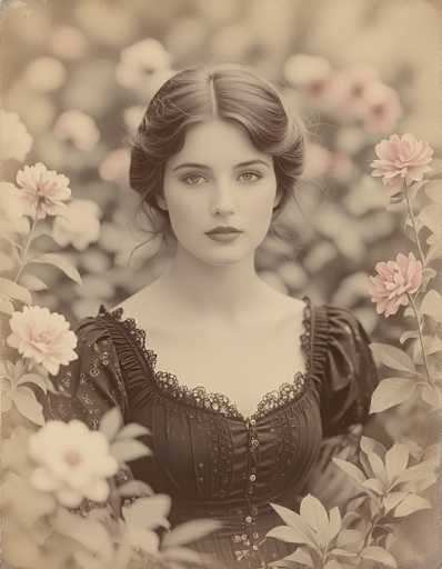 This image is a vintage-style photograph with a sepia tone, giving it a nostalgic, old-time feel. It features a young woman, likely in her early 20s, standing in a field of flowers. She has dark brown hair styled in an elegant updo with a middle part, and a few wisps framing her face. Her makeup is subtle, with light lipstick and eye shadow accentuating her light-colored eyes. She wears a dark, lacy dress with puffy sleeves and a deep neckline adorned with lace trim and buttons running down the front. The dress appears to be made of a material that resembles velvet. The background is blurred, drawing focus to her serene expression as she gazes directly at the camera. Surrounding her are various flowers, predominantly pink peonies, with some white and possibly yellow blooms, adding a soft, romantic touch to the scene. The overall composition and her poised demeanor evoke a sense of timeless beauty.