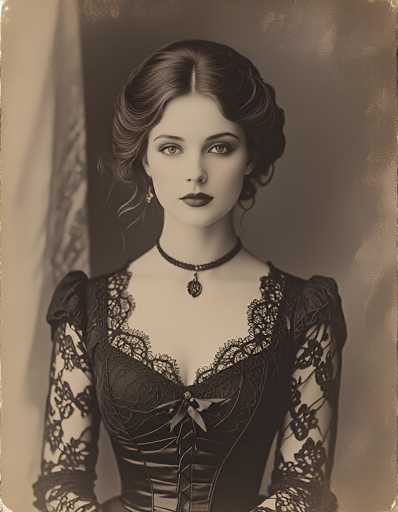 This black-and-white photograph, with a sepia tone, captures a young woman in her early 20s, dressed in Victorian-style attire. She has dark hair, styled in an updo with a few wisps framing her face, and she wears dark lipstick and eye makeup. Her expression is serious, with her gaze directed straight at the camera. She is adorned with a choker necklace featuring a pendant, and she wears dangling earrings. Her dress is a black corset with lace sleeves, a lace collar, and a bow at the front. The background is a plain gray wall, and there is a hint of a white curtain with a floral pattern to the left. The photograph is cropped at her waist, and the overall image has a slightly blurry quality, adding to its vintage feel.