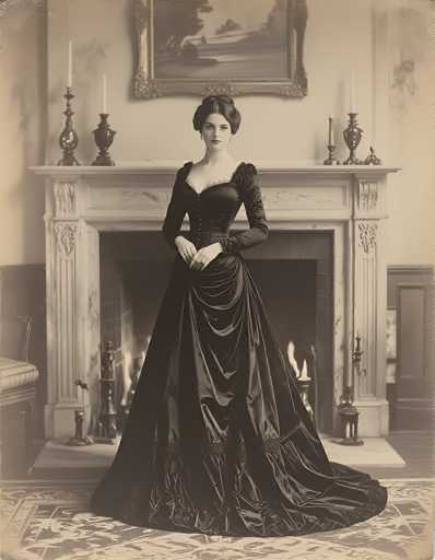 A vintage black-and-white photograph captures a woman standing in front of a fireplace, exuding elegance and poise. She is dressed in a long, flowing gown that appears to be made of a satin-like material, with a deep V-neckline adorned with lace trim. The dress features puffy sleeves that taper into tight cuffs at her wrists, and it is buttoned up to her chest. Her dark hair is styled in an intricate updo, and she wears a ring on her left hand's ring finger. The woman's expression is serious, with her lips closed, and she gazes directly at the camera.

The fireplace behind her is framed by a white marble mantle, which is decorated with several candlesticks holding tall, white candles. Above the mantle hangs a framed painting, adding to the room's classic ambiance. The floor beneath her is covered by a large, ornate rug, and the walls are painted white, enhancing the room's bright and airy feel. The photograph, with its rich details and timeless quality, offers a glimpse into a bygone era.