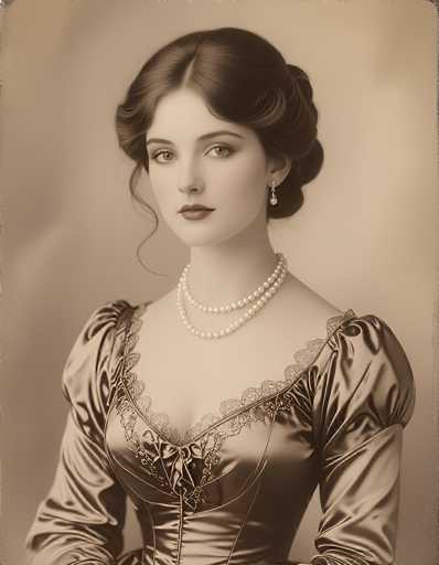 This image features a meticulously detailed portrait of a woman, likely from the Victorian era, rendered in a sepia tone that accentuates the vintage aesthetic. The woman, who appears to be in her early 20s, has dark brown hair styled in an elegant updo with a few delicate curls framing her face. Her complexion is fair, and she wears a subtle touch of makeup, including lipstick and eye shadow, which highlights her striking green eyes.

Her attire is a stunning example of Victorian fashion, featuring a dress with puffy sleeves and a low-cut neckline adorned with intricate lace detailing. The dress is made of a luxurious, shiny material that adds a touch of opulence to her ensemble. Around her neck, she wears two strands of pearls, with the longer strand draping gracefully over the shorter one, adding to her refined appearance.

The portrait captures her from the waist up, with her arms resting at her sides. She gazes directly at the viewer, exuding a sense of calm and poise. The background is a simple, light brown or grayish hue, ensuring that all attention remains on the woman and her exquisite attire. The overall composition and style of the image suggest it could be a photograph, a painting, or even a highly realistic AI-generated image, but the level of detail and artistry make it a captivating representation of Victorian elegance.