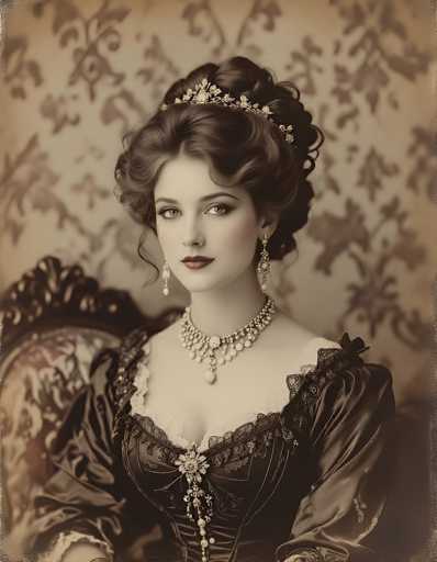 This image depicts a young woman, likely in her late teens or early twenties, seated in an ornate chair. The chair features a high, rounded back adorned with intricate gold designs and a plush cushion in shades of red, white, and gray. The woman is dressed in an elaborate black gown with a sweetheart neckline, embellished with lace and intricate detailing. A prominent brooch graces the center of her dress, adding to her elegant appearance.

Her hair is styled in an intricate updo, with soft curls framing her face. She wears a delicate tiara or headband adorned with flowers, enhancing her regal look. Her makeup is meticulously applied, with striking red lipstick and carefully manicured eyebrows. She gazes directly at the camera, exuding confidence and poise.

Around her neck, she wears a stunning diamond choker necklace, featuring a large central diamond surrounded by smaller diamonds and additional gemstones. Dangling from the necklace are teardrop-shaped diamonds, adding a touch of sparkle to her ensemble. Her earrings are equally ornate, composed of teardrop-shaped diamonds with intricate designs.

The background of the image is a light tan color, decorated with darker brown floral patterns, which complements the overall elegance of the scene.