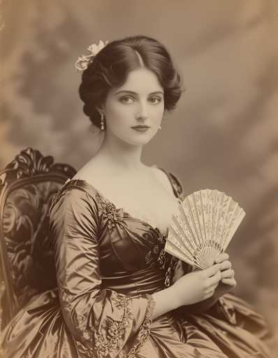 A woman is seated on a chair with her hair styled in an elegant updo and wearing a long dress that features intricate embroidery. She holds a fan in her hands.