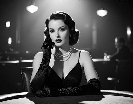This black and white photograph captures a striking scene reminiscent of the 1940s or 1950s. At the center of the image is a woman, likely in her 20s or 30s, with dark, wavy hair styled in a classic fashion. She is seated at a round table, possibly a poker table, with a black chair behind her. The woman is wearing a low-cut black dress with thin straps and a pearl necklace, complemented by long black gloves that extend past her elbows. Her makeup is bold, featuring dark lipstick and heavy eye makeup, and she wears a single pearl earring. Her right hand is raised to her chin, while her left arm rests on the table, casting a shadow over it. The background is blurred, revealing a bar area with a man seated at the counter, possibly holding a bottle. The scene is illuminated by several lights hanging from the ceiling, adding to the vintage ambiance.