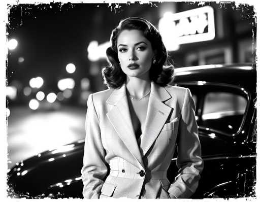 This black-and-white photograph, reminiscent of a 1940s or 1950s film noir, features a striking woman standing in the center of the frame. She has long, dark hair styled in a classic 1950s fashion and is adorned with large, dangling earrings and a delicate pearl necklace. Her lips are painted a bold red, adding a pop of color to the monochromatic scene. She is dressed in a light-colored, plaid business suit with a low-cut blouse, and her hands are casually tucked into her pockets. Behind her, a sleek black car is parked on the street, and the background is filled with the blurred lights of city buildings and street lamps, creating a moody, atmospheric setting. The photograph has a unique, aged look with frayed edges and white paint splatters, enhancing its vintage feel.