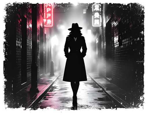 The image depicts a dark, atmospheric scene reminiscent of a film noir or comic book. A woman, dressed in a long black trench coat and a wide-brimmed hat, walks away from the viewer down a narrow, misty alleyway. The ground appears wet, reflecting the glow of neon signs from the buildings on either side. These signs, written in an Asian language, cast a red and white light that contrasts with the predominantly black and white setting. The woman's coat has a V-shaped design on the back, and her long hair cascades down her back. The alleyway is flanked by brick buildings, with a trash can visible on the left side. The edges of the image are frayed, giving it a worn, vintage feel. The scene is shrouded in fog, adding to the mysterious and somber mood.