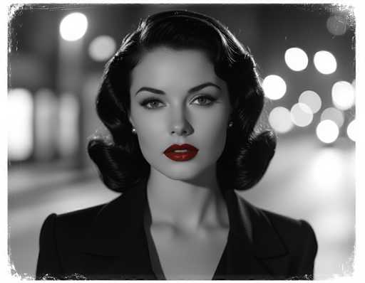 This image is a striking black-and-white photograph of a woman, reminiscent of the 1940s or 1950s. The woman, who appears to be in her 20s or 30s, has dark, wavy hair styled in a classic, curled fashion that frames her face and extends to her shoulders. Her makeup is bold, featuring bright red lipstick that stands out vividly against the monochrome backdrop. She is dressed in a black suit jacket with a V-neck, and she wears small pearl earrings. The background is blurred, filled with indistinct lights that create a bokeh effect, suggesting an urban setting with streetlights and possibly buildings. The photograph has a vintage feel, enhanced by the frayed edges and a white border, giving it the appearance of an old, possibly AI-generated image. The woman's direct gaze into the camera adds a sense of intensity and connection with the viewer.