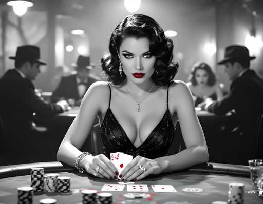 In this striking black-and-white photograph, a captivating woman sits at the center of a bustling casino, exuding an aura of elegance and mystery. She is adorned in a low-cut, black dress that accentuates her cleavage, and her long, wavy black hair cascades down to her shoulders. Her face is framed by long, dangling earrings and a delicate necklace, while her lips are painted a vivid red, standing out as the only splash of color in the monochrome scene. She holds a pair of aces in her hands, with her nails painted to match her lips. The table in front of her is scattered with poker chips and playing cards, indicating her involvement in a high-stakes game. Surrounding her are several men, all dressed in black suits and bow ties, with some wearing black hats, who are engrossed in their own games. The background is slightly blurred, emphasizing the woman's presence and the dramatic lighting that highlights her features, creating a timeless and evocative image.