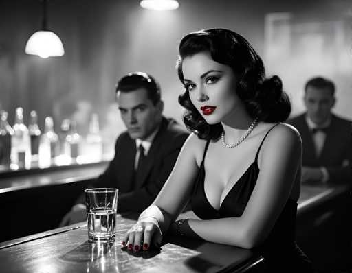 This black-and-white photograph captures a scene reminiscent of the 1940s or 1950s, featuring a woman with dark, curly hair styled in a vintage fashion. She is adorned with a pearl necklace and a bracelet, and her nails are painted a striking red. The woman is dressed in a black dress with thin straps and is seated at a bar, her hands resting on the counter. In front of her is a glass of water, and she gazes directly at the camera with a serious expression.

Behind her, a man in a suit and tie sits at the bar, looking in her direction. The background is slightly blurred, revealing another man in a suit who appears to be looking down. The bar counter is lined with various bottles of alcohol, and overhead, a couple of lights illuminate the scene. The overall composition and details evoke a classic, noir-like atmosphere.