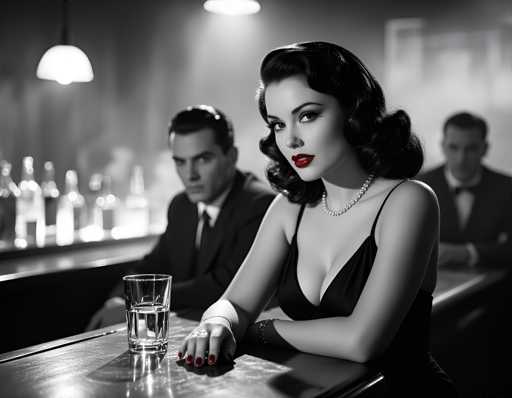 The image depicts a woman with long dark hair wearing a black dress and red lipstick sitting at the bar of a restaurant or bar. Behind her is another person dressed in a suit, suggesting that this scene takes place in an establishment where people are seated at tables while enjoying their meals or drinks. The setting appears to be a dimly lit room with a bar counter visible in the background.