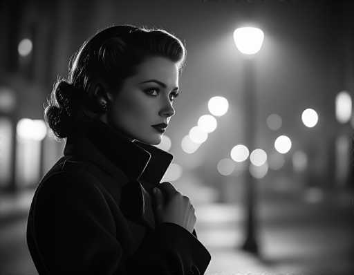 This black-and-white photograph captures a striking image of a woman who appears to be from the 1940s or 1950s, standing on a city street at night. The woman, who has fair skin and dark hair styled in a bun, is wearing dark lipstick and eye makeup. She is dressed in a dark coat with the collar turned up, and her right hand is raised to her neck, possibly adjusting the collar. She is looking over her right shoulder with a serious expression, her head slightly tilted. The background is blurred, featuring a row of streetlights that create a bokeh effect, adding to the vintage ambiance of the scene. The overall composition and lighting suggest a professional photograph, evoking a sense of nostalgia and elegance.