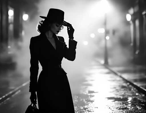 A woman dressed in a long black coat and hat stands on a wet street at night, holding a purse in her left hand as she gazes off into the distance with a serious expression.