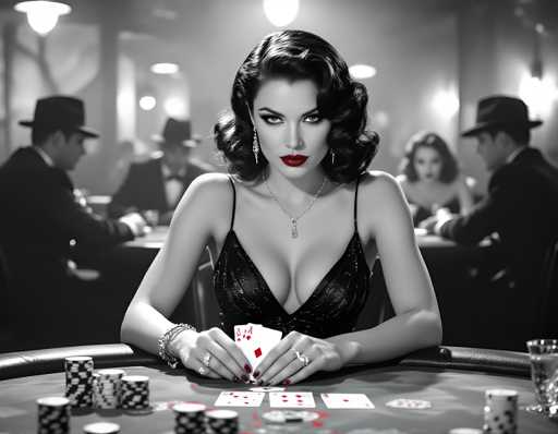 The image is a black and white photograph featuring a woman sitting at a poker table with her hands on the table, holding two playing cards. The woman has striking red lipstick and an elegant updo. In the background, there are other people present in what appears to be a casino or similar venue.