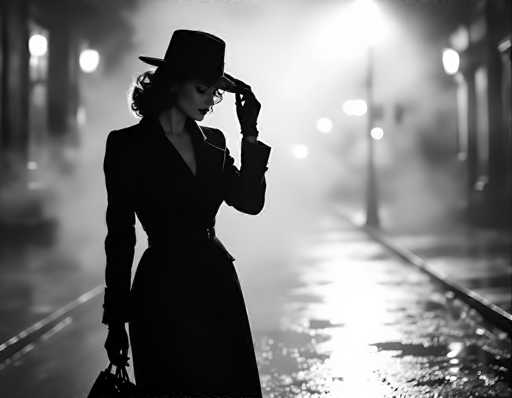 A stylish woman in a vintage trench coat and hat stands on a wet, dimly lit street, her face partially obscured by shadow. The image is in black and white, with a soft, hazy atmosphere suggesting rain or mist. She holds a handbag in her hand and looks down, adding to the mysterious mood of the scene. The focus is on her silhouette, emphasizing her elegant posture and the dramatic lighting.