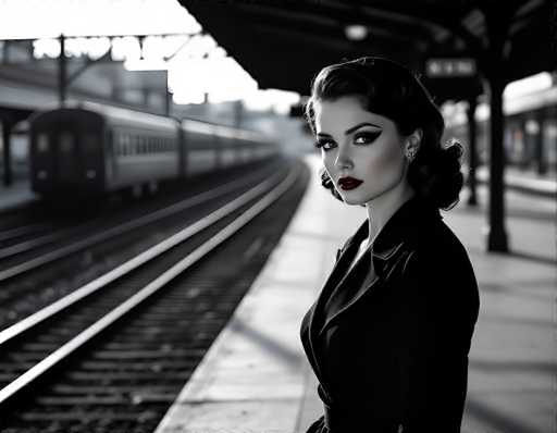 A striking black-and-white photograph captures a woman standing on a train platform, her presence commanding attention. She is dressed in a black coat, with her dark hair styled in a short, wavy bob that frames her face. Her makeup is bold, featuring bright red lipstick that stands out vividly against the monochrome backdrop. She gazes directly at the camera, her expression serious and captivating. The platform beneath her feet is made of concrete, and to her left, a set of train tracks extends into the distance, where a train is visible in the background. The platform is sheltered by a roof, and a sign hangs from it, though its details are indiscernible. The overall composition of the photograph creates a dramatic and timeless scene, highlighting the woman's striking appearance against the industrial setting of the train station.