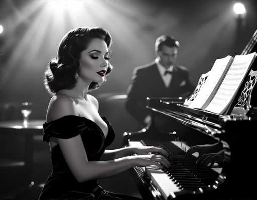 In this black-and-white photograph, a woman with dark, curly hair styled in a 1940s fashion is seated at a grand piano. She is wearing a black dress with off-the-shoulder sleeves and red lipstick, her eyes closed as she plays the piano. The scene is dramatically lit with spotlights shining from above, creating a stark contrast between her and the dimly lit background. Behind her, a man in a black suit with a white shirt and black bow tie is seated, looking down at the piano keys. The piano itself is adorned with sheet music, and a pair of hands, likely belonging to another pianist, can be seen playing the lower keys. The overall ambiance suggests a vintage jazz club setting, with the woman as the captivating focal point.