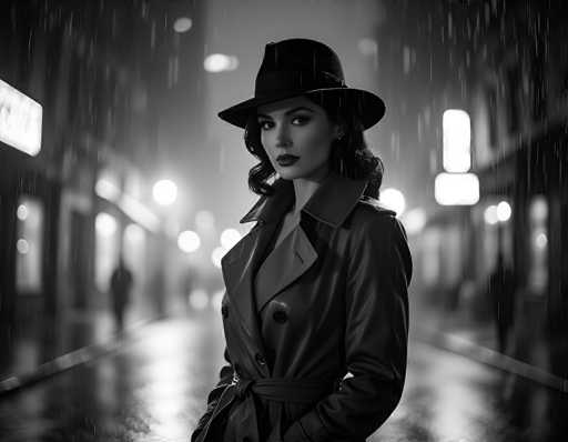 In this evocative black-and-white photograph, a woman stands alone in the middle of a rain-soaked street, exuding an air of mystery and elegance. She is dressed in a long, dark trench coat with a belt tied around her waist, and the coat's collar is stylishly popped up. Her dark hair cascades down to her shoulders, and she wears a dark hat adorned with a ribbon, casting a shadow over her face. Her lips are painted a deep shade of lipstick, adding to her enigmatic allure. The woman's gaze is directed off to the right, as if she is lost in thought or watching something unseen. The background is blurred, emphasizing her solitary figure, but you can make out the rain falling heavily and the wet pavement reflecting the streetlights. On either side of the street, there are indistinct buildings with glowing signs, and a few pedestrians can be seen in the distance, adding to the urban atmosphere. The overall scene is reminiscent of a classic film noir, capturing a moment of quiet drama and intrigue.