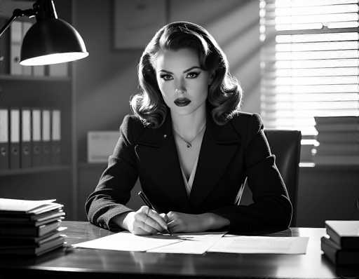 In this black-and-white photograph, a woman is seated at a desk, exuding a professional demeanor. She is dressed in a black blazer over a white shirt, accessorized with a delicate necklace featuring a small pendant. Her long, wavy hair cascades down to her shoulders, and she wears dark lipstick that accentuates her focused expression. The woman is holding a pen in her right hand, poised over a piece of paper on the desk, while her left hand rests on the document, suggesting she is in the midst of writing or preparing to sign something important. The desk is cluttered with various papers and books, indicating a busy work environment. Behind her, a window with partially open blinds allows light to filter into the room, illuminating the scene. To her left, a bookshelf filled with books and binders stands against the wall, further emphasizing the scholarly or professional setting. A desk lamp casts a warm glow over her workspace, highlighting her determined posture as she gazes directly at the camera.