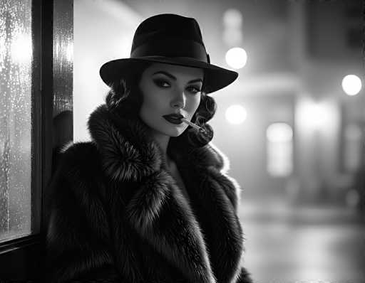 This black-and-white photograph captures a striking image of a woman leaning against a window frame on a rainy night. The woman, who appears to be in her 20s or 30s, is dressed in a luxurious fur coat with a high collar that frames her face. She wears a dark fedora with a band, and her dark hair is styled in soft curls that fall just below her ears. Her makeup is bold, featuring dark lipstick and dramatic eye makeup, and she has a cigarette hanging from her mouth, with smoke curling around her face. The window beside her is wet with raindrops, and the blurred background reveals a street scene illuminated by several glowing streetlights, adding to the moody atmosphere of the image.
