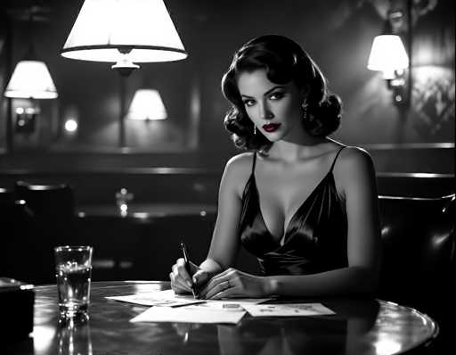 A captivating black-and-white photograph features a woman seated at a round table in a dimly lit restaurant. The background is softly blurred, drawing attention to the subject. She is adorned in a low-cut, sleeveless dress that appears to be made of satin, exuding an air of elegance. Her dark hair is styled in a wavy bob, complementing her striking red lipstick. The woman's gaze is directed towards the camera, though her eyes are slightly averted, adding a touch of mystery to her expression. She wears a ring on her left hand, and her manicured nails are visible as she holds a pen, poised over a piece of paper on the table. A glass of water sits to her left, and the table is scattered with additional papers. The restaurant's ambiance is enhanced by the presence of wall sconces and hanging lamps, casting a warm glow over the scene.