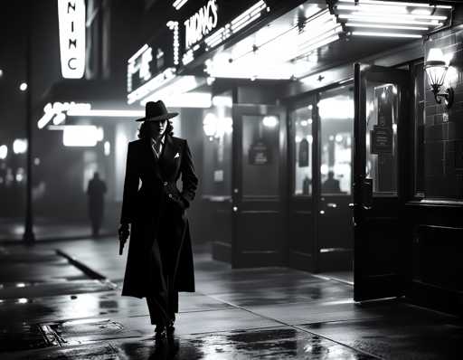 A woman dressed in a long black coat and hat is walking down the street at night, with her handbag swinging by her side as she passes by a movie theater and a restaurant.
