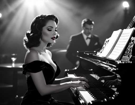 A woman is playing a grand piano on stage with her hands poised over the keys, dressed in an elegant black dress and wearing red lipstick. Behind her, another person is also playing the piano, dressed in a formal suit and tie.