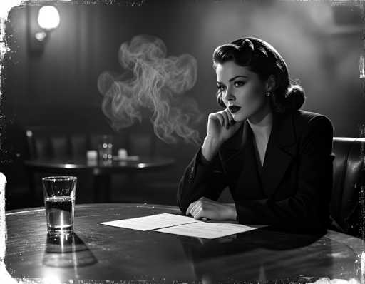 This black-and-white photograph, reminiscent of the 1940s or 1950s, features a woman seated at a round wooden table in a smoky bar or restaurant. She is dressed in a black suit, with her dark hair styled in a bun and adorned with earrings. Her dark lipstick and painted nails add to her classic look. She sits with her elbows on the table, her right hand resting on her chin as she puffs on a cigarette, from which smoke swirls upwards. In front of her are two pieces of paper, and to her left is a glass of water. The background is blurred, showing another table with a glass and a chair, and a light fixture on the wall. The photograph has a distressed, vintage appearance with white specks and worn edges, enhancing its nostalgic feel.