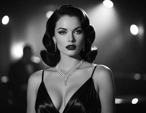 In this striking black-and-white photograph, a woman with dark, wavy hair styled in a 1950s fashion gazes directly at the camera. Her hair is parted on the side and curled at the ends, framing her face elegantly. She wears dark lipstick and a diamond necklace that complements her sophisticated look. Her dress, with thin black straps and a deep V-neckline, reveals a hint of cleavage, adding to her allure. The background is blurred, featuring indistinct lights and a shadowy figure, possibly a man in a suit, which enhances the focus on the woman. The overall composition and her poised demeanor suggest she could be a model or an actress, reminiscent of classic Hollywood glamour.