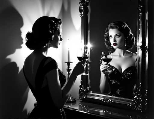 In this evocative black-and-white photograph, a woman stands poised in front of an ornate mirror, her reflection capturing the elegance of the moment. She is adorned in a sophisticated black dress, her hair styled in a classic bun, and her lips painted a striking red. The woman holds a wine glass in her right hand, while her left hand grasps the stem of another wine glass, creating a delicate, almost symmetrical pose. The mirror, framed in an intricate design, reflects her visage and the glass she holds, adding depth to the composition. To the left of the mirror, a candle in a holder casts a warm glow, its reflection visible in the polished surface. The wall behind her is softly illuminated, casting a gentle light that enhances the photograph's timeless quality. The woman gazes into the mirror, her expression serene and contemplative, capturing a moment of quiet beauty and introspection.