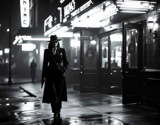 In this evocative black-and-white photograph, a woman stands poised on a rain-slicked sidewalk, her long trench coat and fedora giving her a classic, noir-inspired look. She grips a pistol in her right hand, while her left hand rests casually in her coat pocket. The scene is set at night, with the wet pavement reflecting the glow of neon signs from nearby buildings. To her right, a storefront with its door wide open and a brick wall adorned with a light fixture adds to the urban ambiance. The woman's figure is sharply in focus, contrasting with the blurred background, where another man can be seen walking away. The overall composition, with its dramatic lighting and moody atmosphere, suggests a scene plucked straight from a film noir.