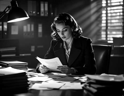 A woman is sitting at her desk in an office setting, dressed in a suit and reading a piece of paper with a serious expression on her face. The room has a window that allows natural light to enter the space, creating a contrast between the dark interior and the bright outside world.