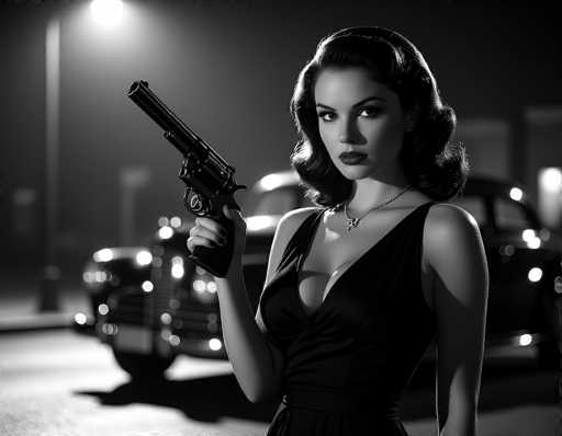 In this evocative black-and-white photograph, a woman stands poised in the foreground, exuding an aura of vintage glamour reminiscent of the 1950s or 1960s. She is dressed in a sleek black dress that accentuates her figure, with a deep V-neckline plunging to her waist and a strap elegantly draped over her shoulder. Her long, wavy hair cascades down to her shoulders, framing her face and adding to her classic beauty. Around her neck, she wears a delicate chain necklace adorned with a small pendant, catching the light subtly.

In her right hand, she holds a black revolver, her finger resting lightly on the trigger, suggesting readiness and a hint of danger. The gun is angled upwards, pointing towards the top left corner of the image, adding a dynamic element to her stance. Her nails are painted black, complementing the dark tones of her attire and weapon.

The background is softly blurred, drawing focus to the woman while still providing context. A street lamp casts a warm glow, illuminating the scene and creating a dramatic interplay of light and shadow. Behind her, a vintage car from the 1950s or 1960s is partially visible, its headlights and grille adding to the nostalgic atmosphere. The car's license plate is discernible, though the numbers are indistinct. The overall composition of the photograph captures a moment frozen in time, blending elements of classic beauty, mystery, and a touch of noir.