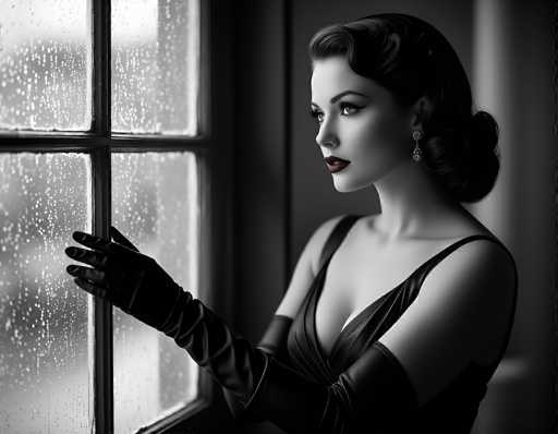 A captivating black-and-white photograph features a woman in a vintage 1940s or 1950s style dress, adorned with long gloves that extend past her elbows. She stands in front of a window, gazing outside with a contemplative expression. Her hair is elegantly styled in a bun, and she wears a single earring visible on the side of her face. The dress has a deep neckline, adding to the timeless allure of the scene. The window behind her is divided into four sections by a crossbar, and the glass is speckled with raindrops, suggesting a rainy day outside. The woman's face is illuminated by a soft light, highlighting her features against the darker background. The overall composition of the photograph exudes a sense of nostalgia and tranquility.